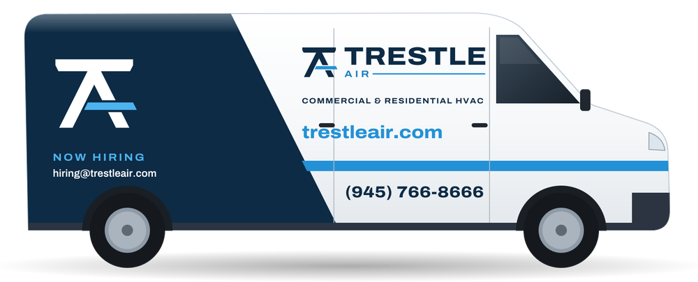 Side view of a white Trestle Air service van with a navy rear panel, the TA mark, the Trestle Air logo, trestleair.com and a blue stripe along the side